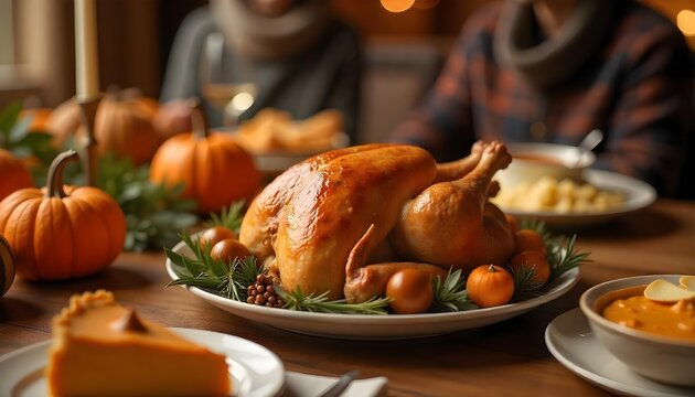 Friends enjoy a festive meal at a table adorned with turkey and pumpkin pies, embodying gratitude during the holiday season
