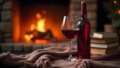 A glass of wine and books on a blanket near a crackling fireplace, capturing the essence of fall and gratitude