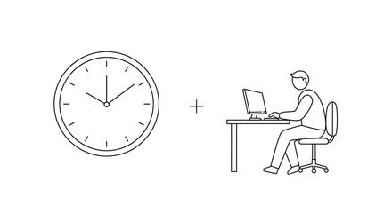 Business concept of work hours and time management. Outline icon set with a person at a desk and a clock.