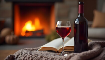 A cozy scene with a glass of wine and books on a blanket by a fireplace, perfect for autumn family gatherings