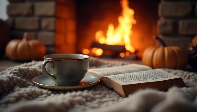 A coffee cup and book beside a fireplace, capturing the essence of cozy family time during the fall holiday season