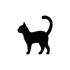 A sleek black cat silhouette, standing alert, tail curved elegantly.