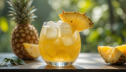 Tropical pineapple cocktail in a clear round glass, pineapple garnish, and ice, isolated on white