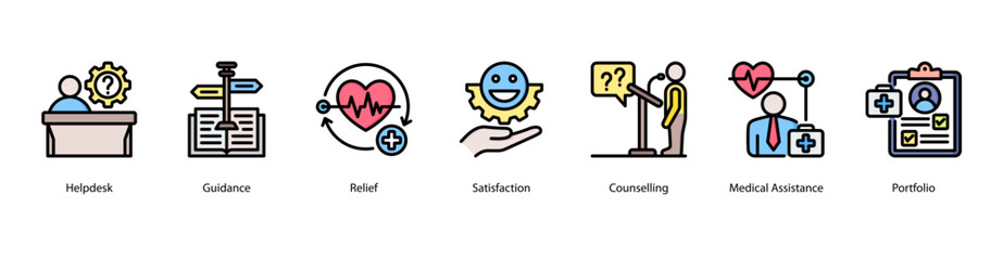 Customer Support web banner icon vector illustration featuring Helpdesk, Guidance, Relief, Satisfaction, Counselling, Medical Assistance, and Portfolio.