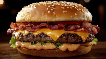 Mouthwatering Cheeseburger with Bacon on Wooden Surface