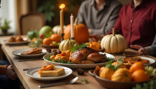 A warm gathering of people at a table, celebrating Friendsgiving with a roast turkey and pumpkin pie in a cozy autumn atmosphere - Powered by Adobe