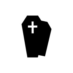 Obraz premium Simple black silhouette of an open coffin with a white cross, isolated on white background.