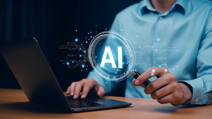 Explore AI Solutions with a Dynamic Hologram Displayed Via Magnifying Glass and Laptop, Perfect for Cutting-Edge Technology and Business Innovation