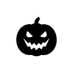 Silhouette of a carved Halloween pumpkin with a sinister expression, set against a white background.