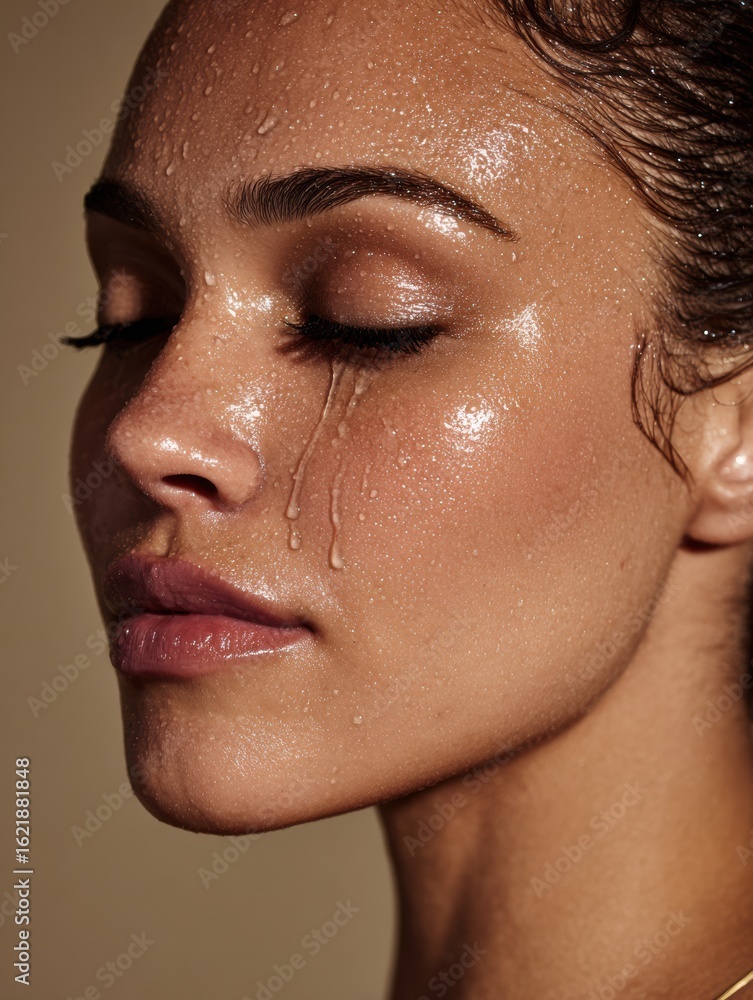 Poster droplets cascade down forehead creating a striking contrast of matte skin and glossy highlights in a