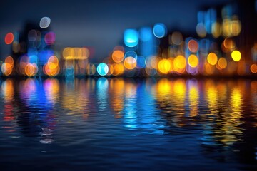Blurry city lights reflected in dark water