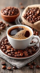 Fototapeta premium Fresh coffee in a white cup, surrounded by beans