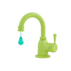 Stylized lime faucet with a glistening cyan water droplet, against a stark and isolating void