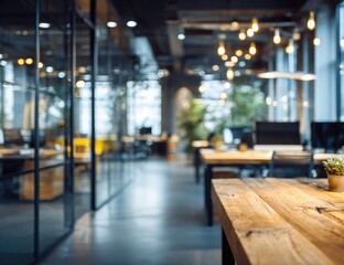 Blurred modern office interior, wood table focus