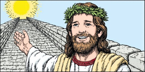 Illustration of a smiling figure with a sun and ancient stones.