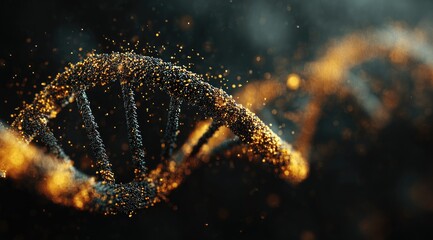 Glowing, dark DNA strand, particle effect