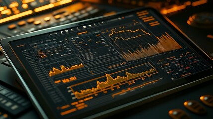 Tablet displaying financial data graphs on a dark control panel