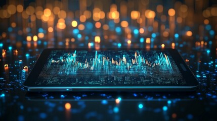 Tablet displaying financial data, illuminated by vibrant lights, on a reflective surface. Blurry city lights in the background