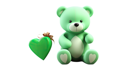 adorable teddy bear with green heart for valentine on white background