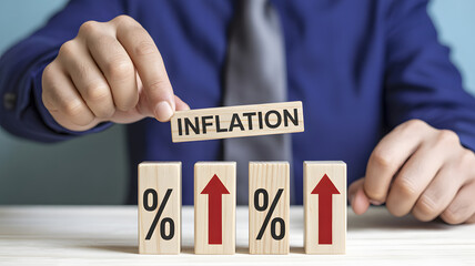 Rising inflation impact on business shown with wooden blocks and upward arrows, depicting increasing prices and economic challenges ahead