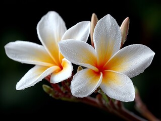 A couple of white and yellow flowers with water droplets on them