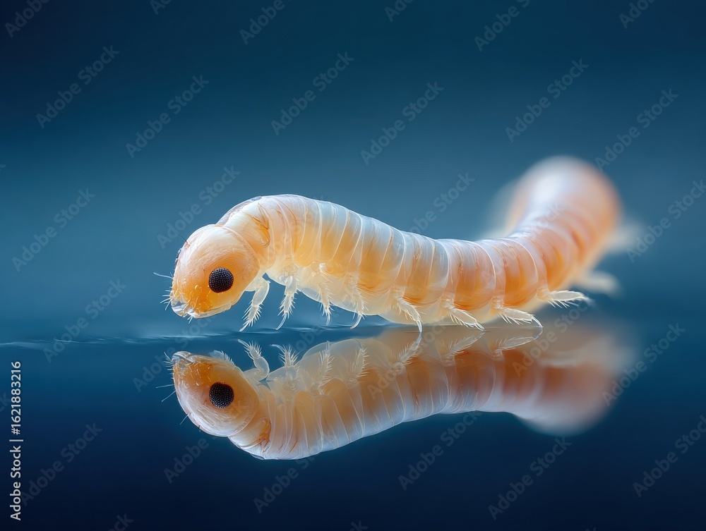 Poster professional high-quality macro image of mosquito larva floating on water with visible surface tensi
