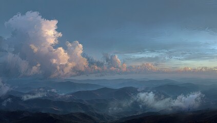 Obraz premium Panoramic mountain vista at twilight. Vast range of smoky, blue-toned mountains under a sky filled with cumulus clouds, tinged with soft, golden light