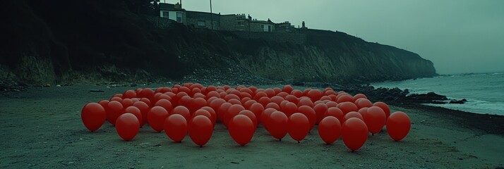 Red Balloons Gathering on a Moody Beach Landscape
