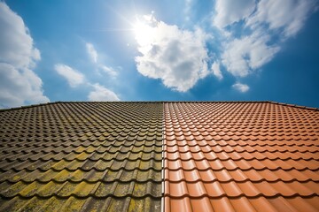 Before and after comparison of a dirty moss covered roof and a clean tiled roof cleaning
