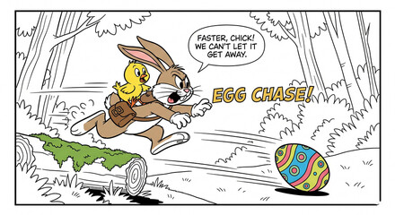 Dynamic Easter egg chase with energetic rabbit and chick in whimsical cartoon forest scene