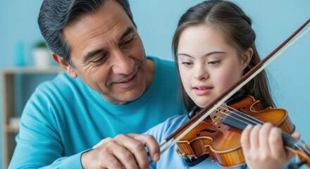 Loving father gently teaches daughter to play violin at home, showing patience and support as young girl with down syndrome learns music instrument together