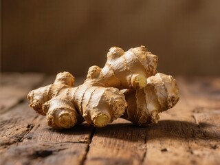 Close-up of fresh ginger root on rustic wooden surface,  warm,  herb