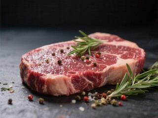 Fototapeta premium Close-up of raw beef steak with herbs and spices, red meat, marbled