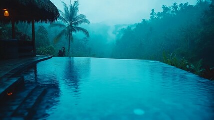 Tropical infinity pool at misty rainforest