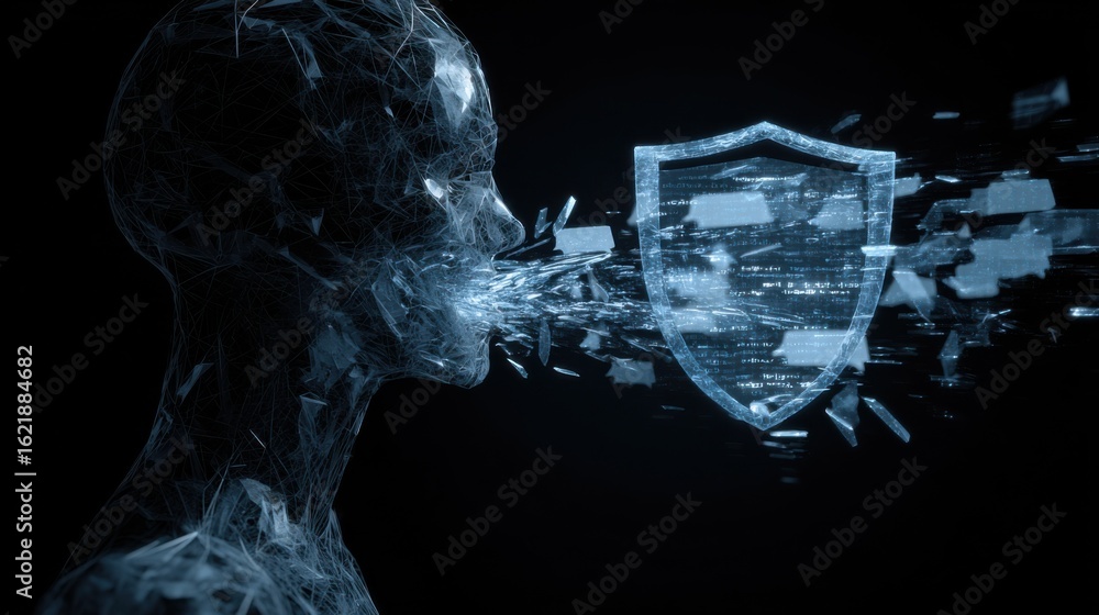 Poster sharp medium shot of an ai chatbot silhouette releasing ethereal glitching text bubbles hovering nea