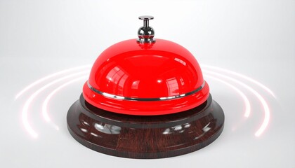 A close-up shot of a bright red service bell with a polished wooden base, set against a clean white background with glowing rings.
