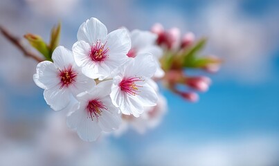 A bunch of white flowers on a branch with a blue sky in the background