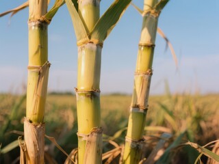 Fototapeta premium Close-up of thick, segmented stalks of mature sugarcane in a field, plant, growth