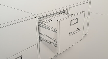 Outline-style illustration of an open metal filing cabinet drawer, filled with files and folders for office organization and data archiving.