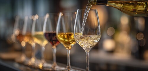 Wine tasting event; glasses filled with various wines