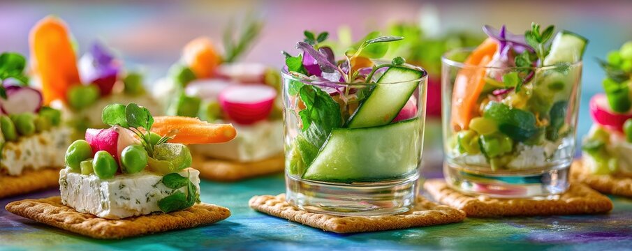 Colorful appetizer bites on crackers and in small glasses, featuring vegetables and a creamy filling