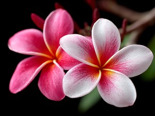 A close up of two pink and white flowers on a black background