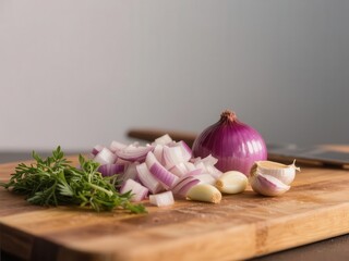 Close-up of chopped onions, garlic, and herbs on wooden cutting board,  garlic,  knife