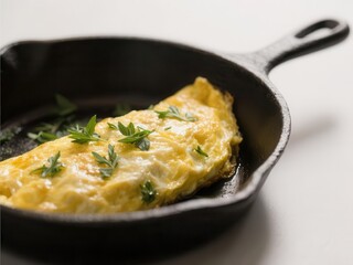 Close-up of fluffy omelet with herbs in cast iron skillet,  ingredient,  fluffy