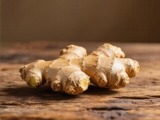 Fototapeta premium Close-up of fresh ginger root on rustic wooden surface, vegan, surface