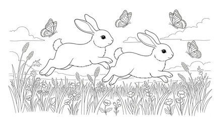 Playful bunnies and butterflies frolic through a sunny meadow, perfect for coloring pages