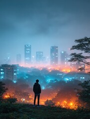 Silhouette figure gazes at city skyline