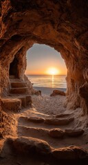 Sunrise view through a cave opening onto a beach