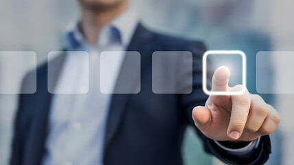 Professional businessman selecting digital options on a bright virtual interface, perfect for tech, business, or innovation concepts in your next project