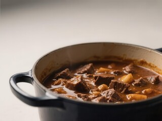 Close-up, rich brown beef stew simmering in pot,  close up,  warm